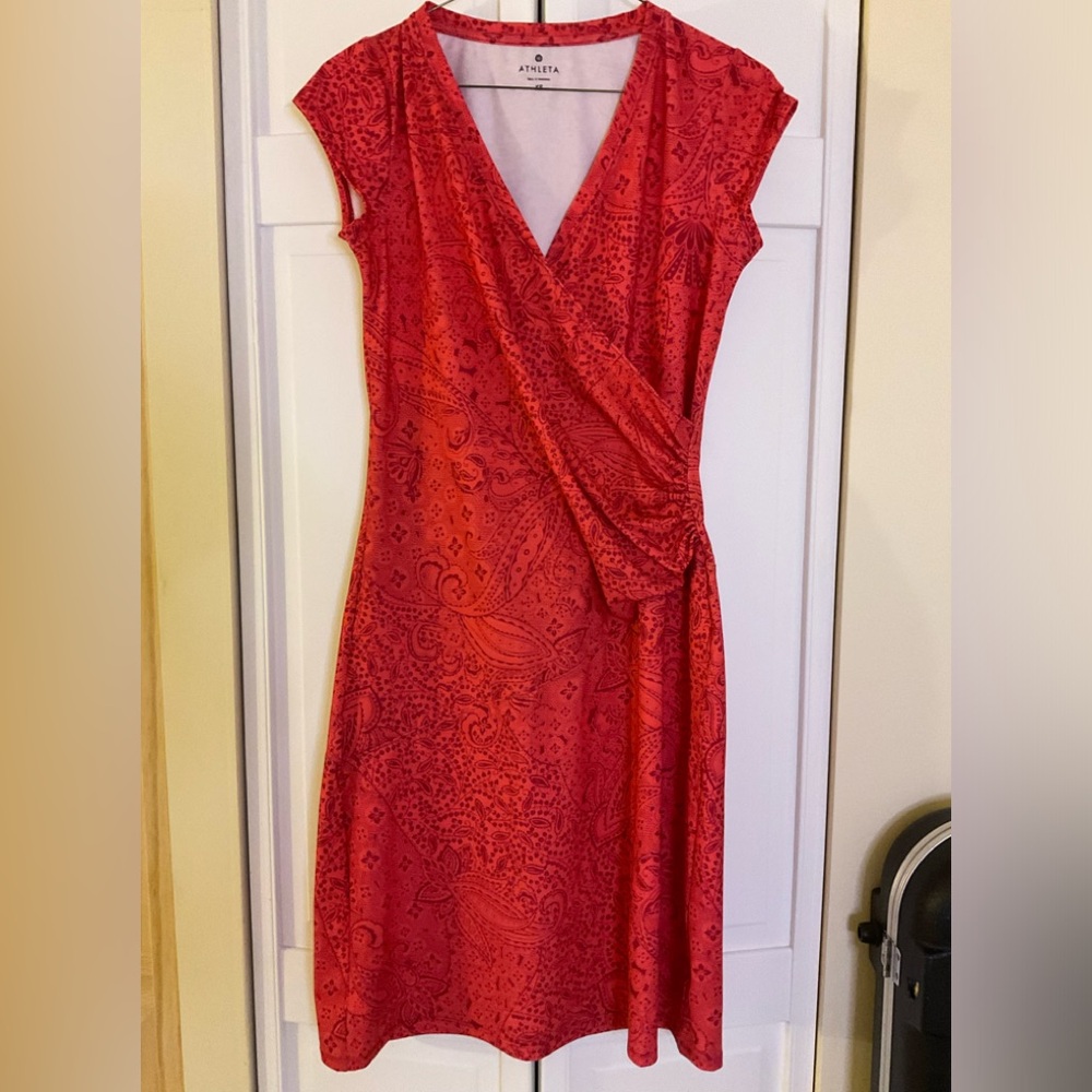 Athleta Salmon Faux Wrap Patterned Dress